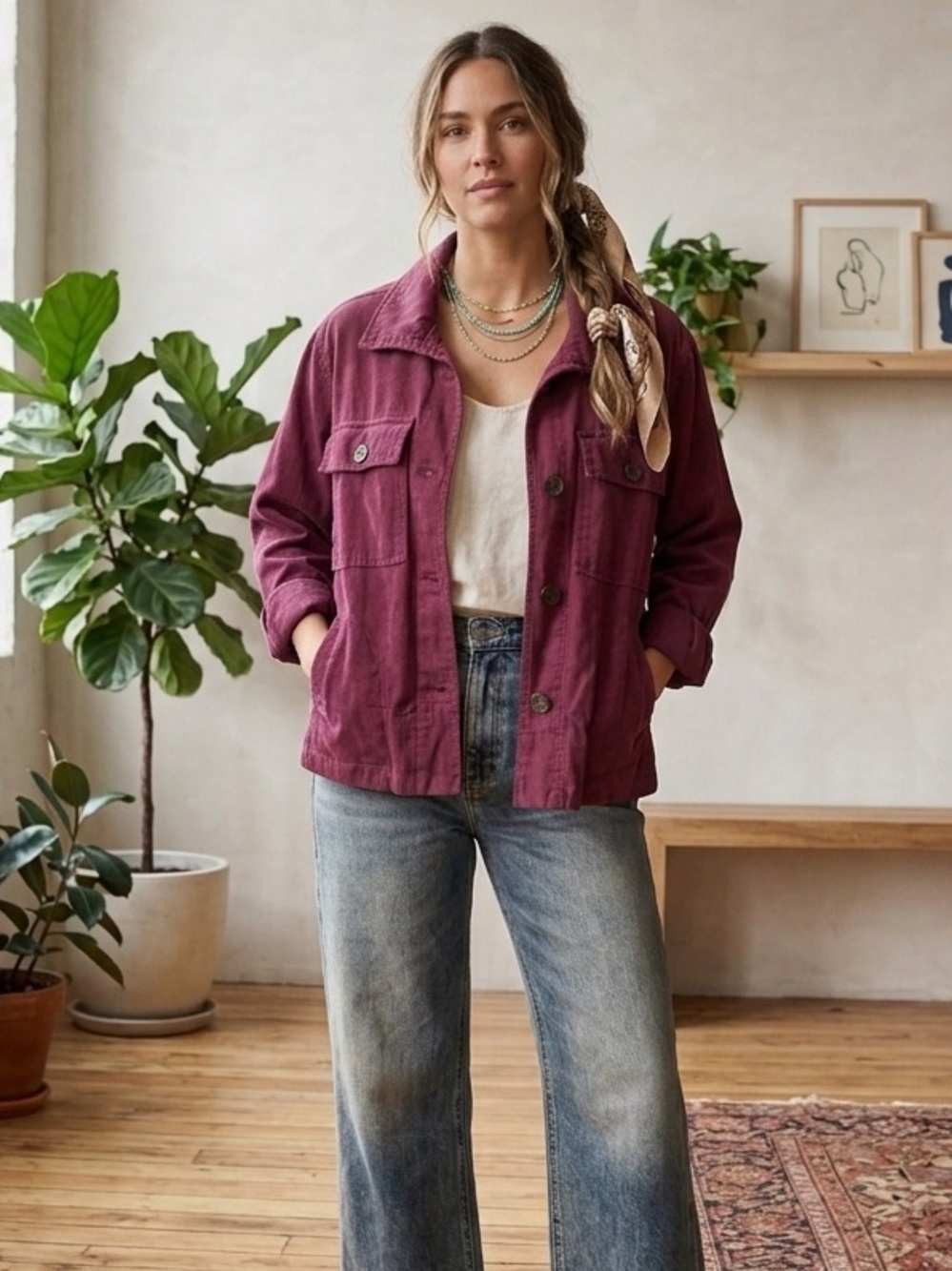 LOFT Plum Lyocell Utility Jacket M Boho Minimalist Coastal Shacket Back Pleat
